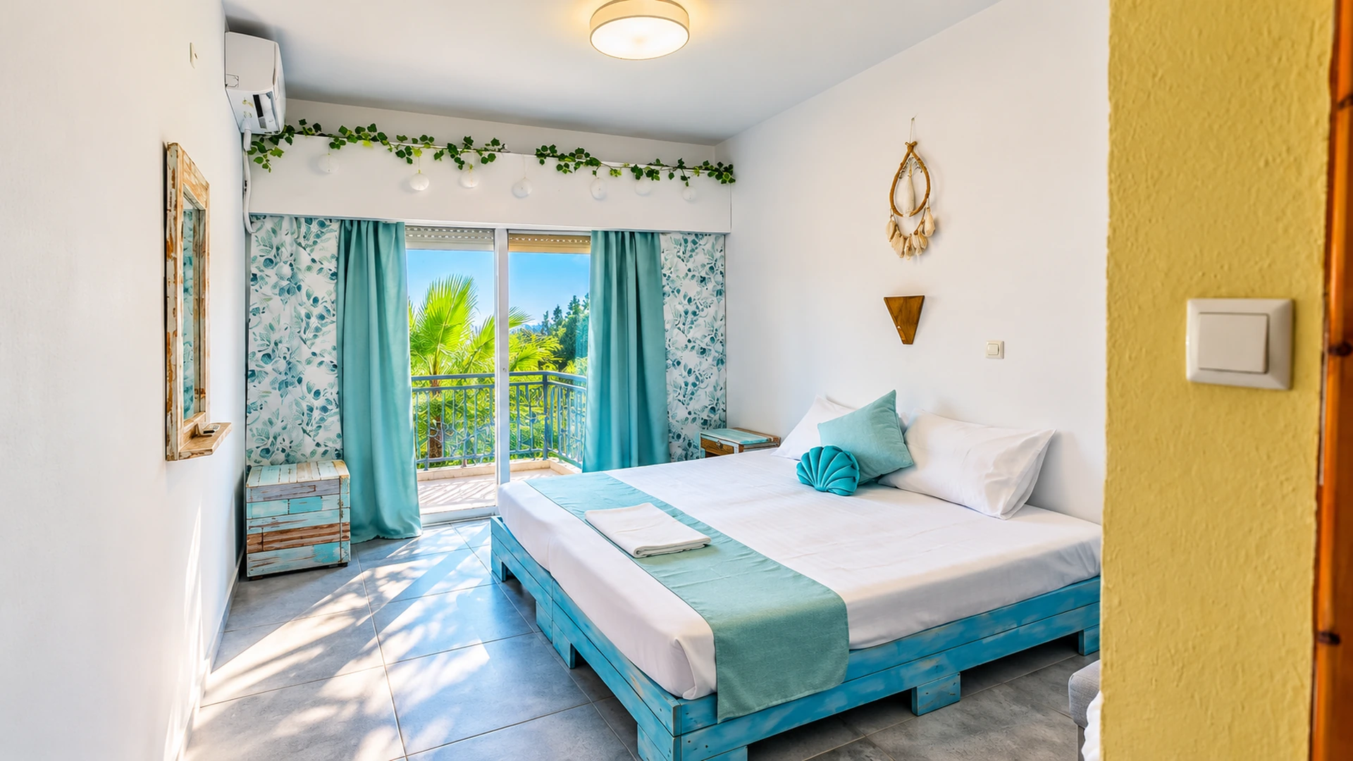 Bright guesthouse bedroom with turquoise furnishings and balcony